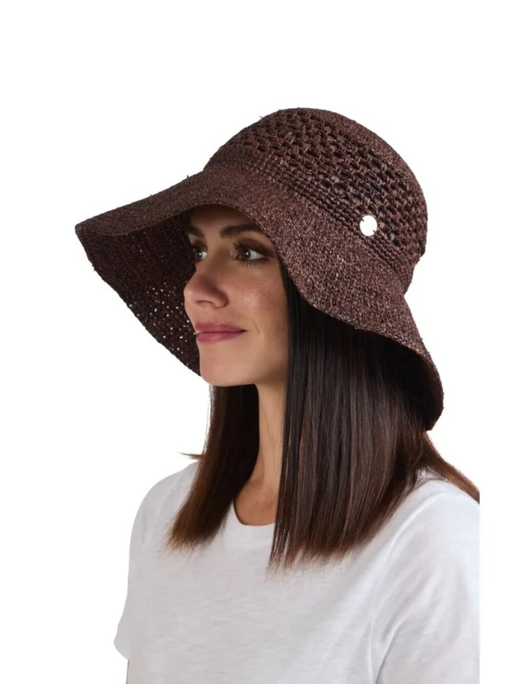V-1. Bruno Magli Floppy Packable Crochet Sun Hat Brown